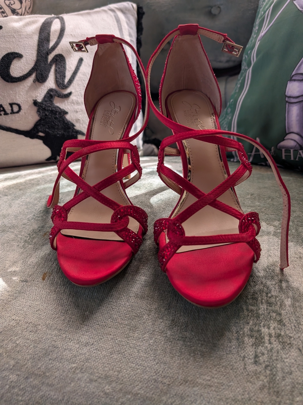 Badgley Mischka Red Rhinestone Strappy Evening Heels